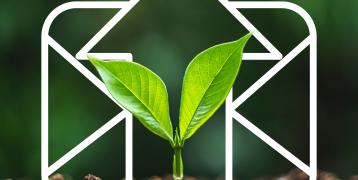 A sproutung plant emerges from the soil, a outline of a letter surrounds it. 